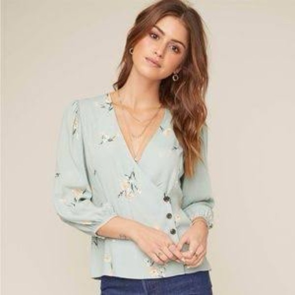 Astr Long Sleeve Blouse Women's Sage Multi Floral Side Button Blouse